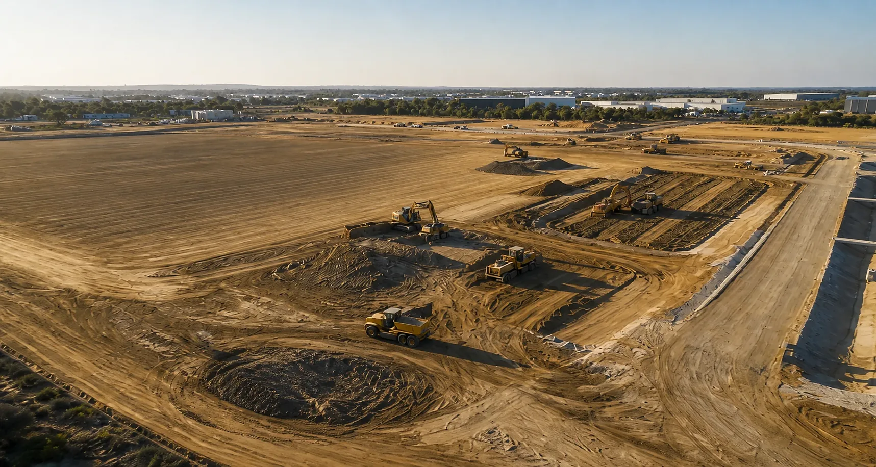 Aerial view of bulk earthworks on a commercial land subdivision — excavators, dozers and a haul truck shaping cleared sand, with an established industrial estate on the horizon.