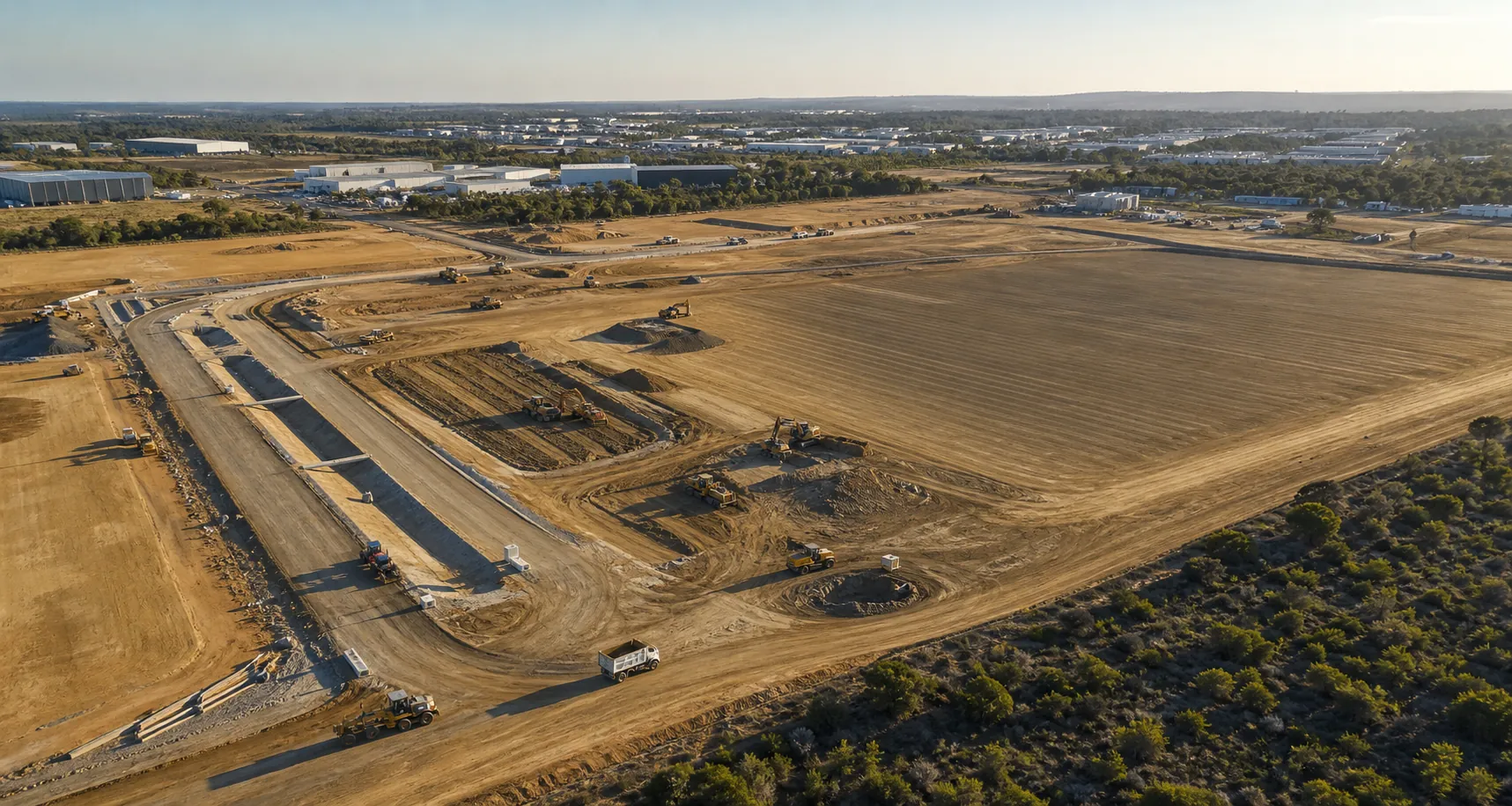 Aerial view at golden hour of a cleared commercial development site, with bushland in the foreground and an industrial estate on the horizon.